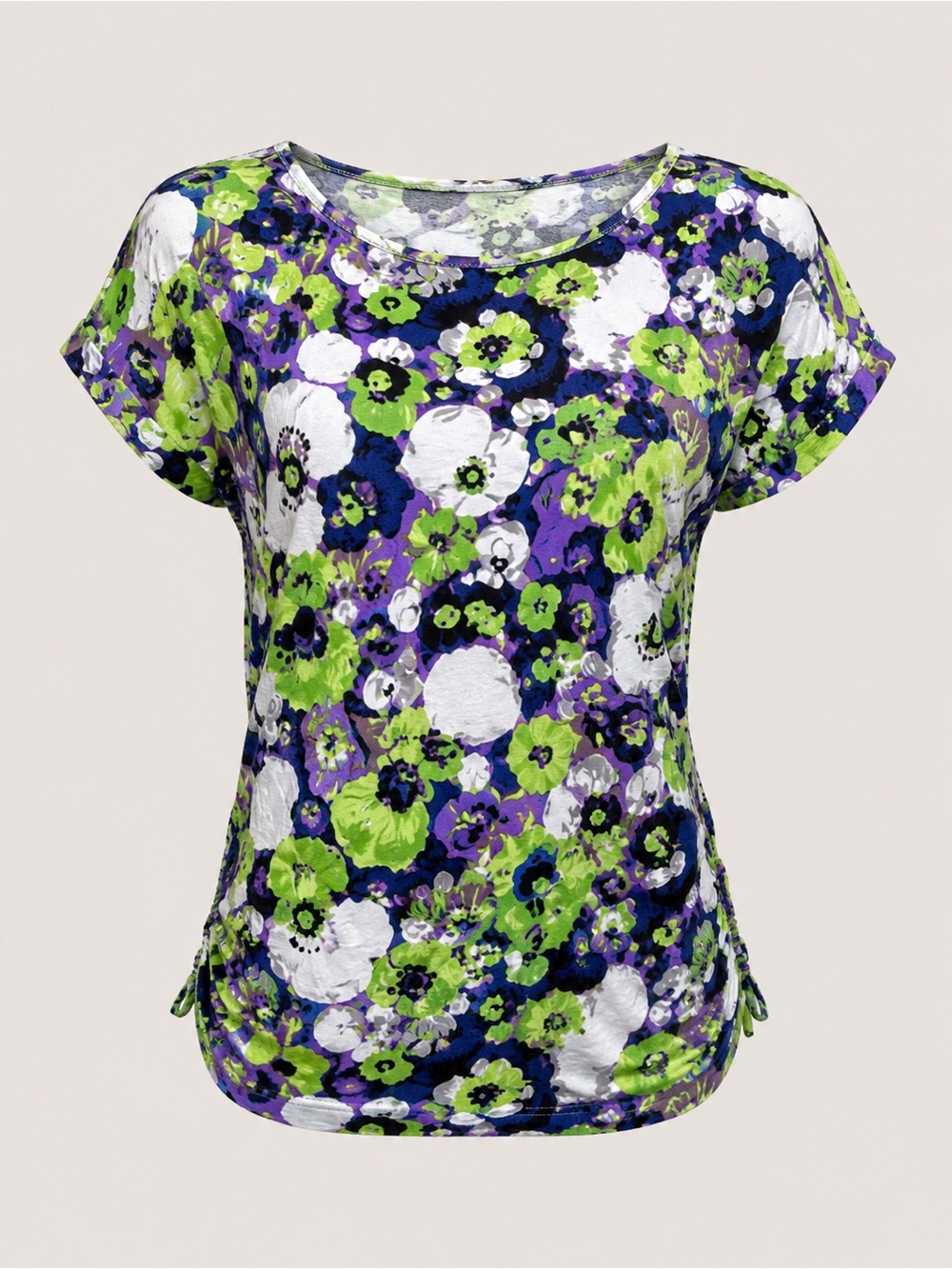 Women’s Stretch Floral Ruched Side Dolman Top Purple Green White Estimated 3X